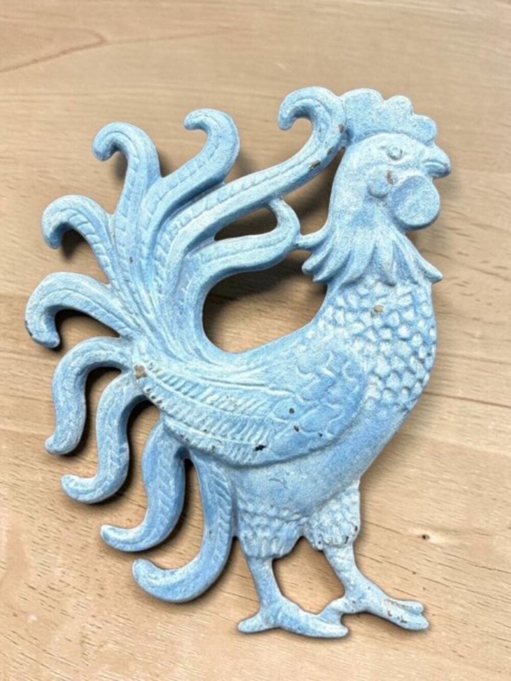 Vintage Blue Cast Iron Rooster Trivet Farmhouse Kitchen Wall Decor 9.5"